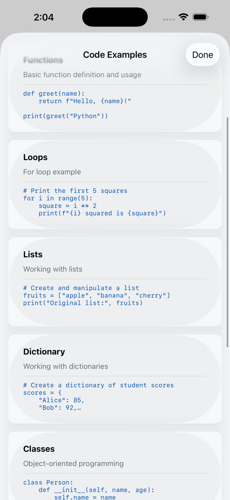 PyPocket - A list of Python code examples for functions loops and lists in the PyPocket app interface