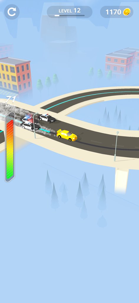 Ein gelbes Auto wird auf einer Autobahnbrücke in Line Race Police Pursuit von der Polizei verfolgt.