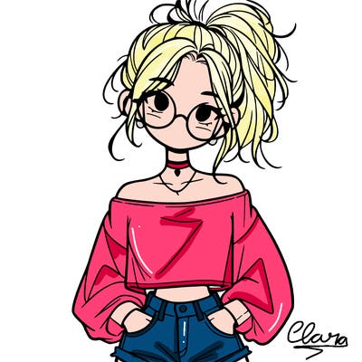girl with a messy ponytail glasses a baggy crop top and jean shorts