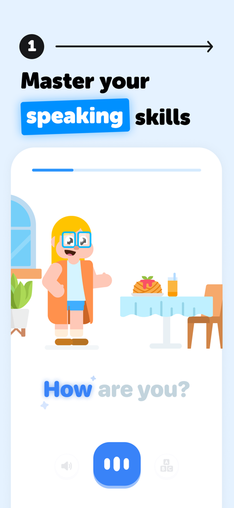 Falou - Fast language learning - A screenshot of the Falou app showing a conversation lesson with the text Master your speaking skills.