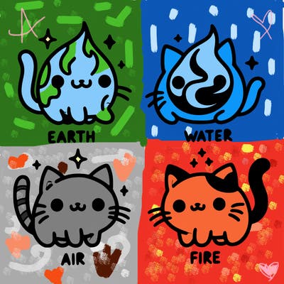 4 cats that represent the different elements, earth, water, air, and fire
