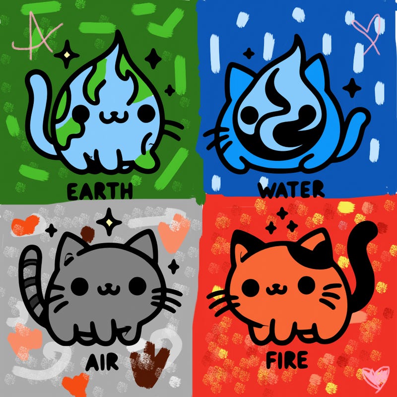 4 cats that represent the different elements, earth, water, air, and fire