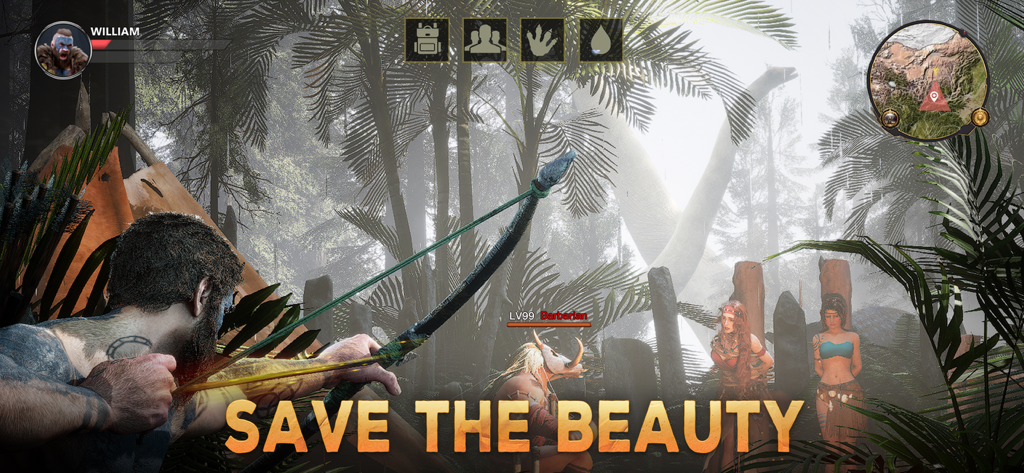 Primitive Era:10000 BC - Un cazador prehistórico apunta con un arco a un enemigo en un entorno de jungla con el texto Save the Beauty