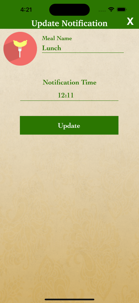 Gujarati Recipes Indian Food - Meal reminder settings page in the Gujarati Recipes app showing notification time for lunch