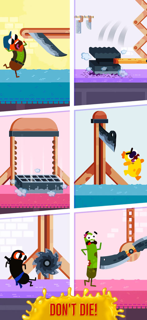 Collage of gameplay screenshots showing different sausage skins avoiding deadly kitchen traps.