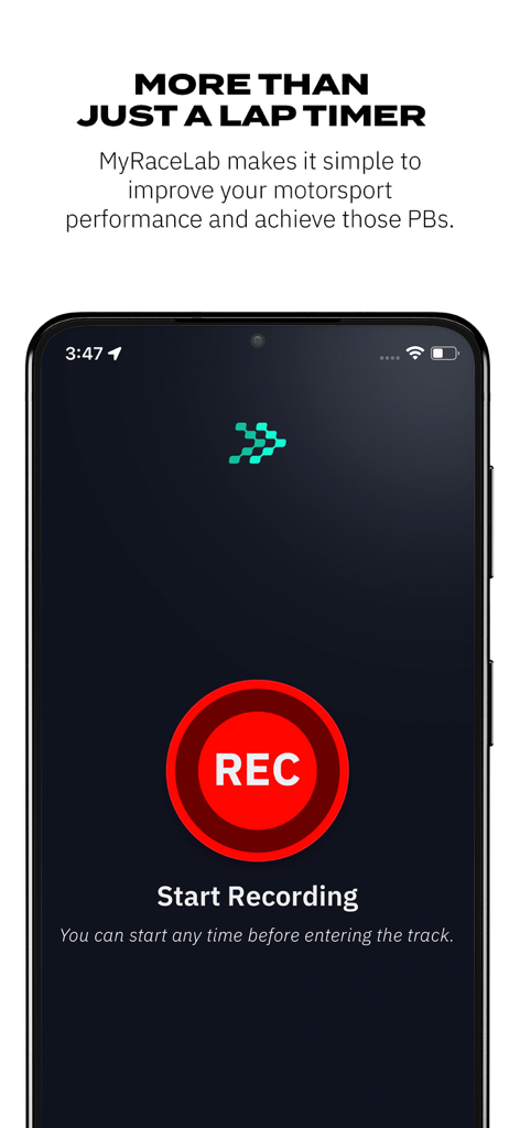 MyRaceLab: Lap & Race Timer - Interfaz de la aplicación MyRaceLab que muestra un gran botón rojo REC y una indicación para iniciar la grabación para el análisis de rendimiento de automovilismo