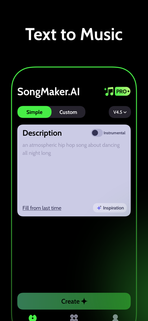 Smartphone screen displaying the text to music generation feature of the SongMaker AI app