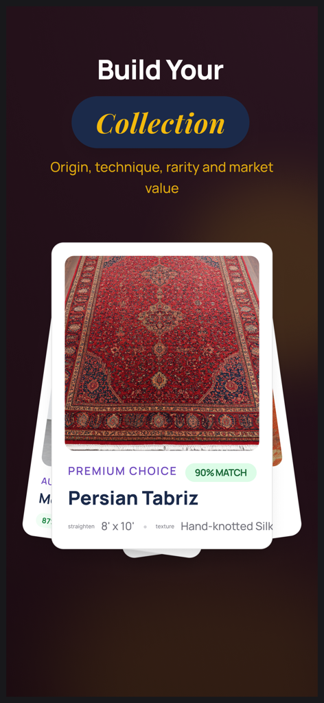 Rug Identifier - Rug Identifier app screen showing a digital collection card for an identified Persian Tabriz rug.