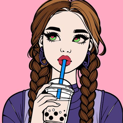 realistic girl with braided hair drinking boba