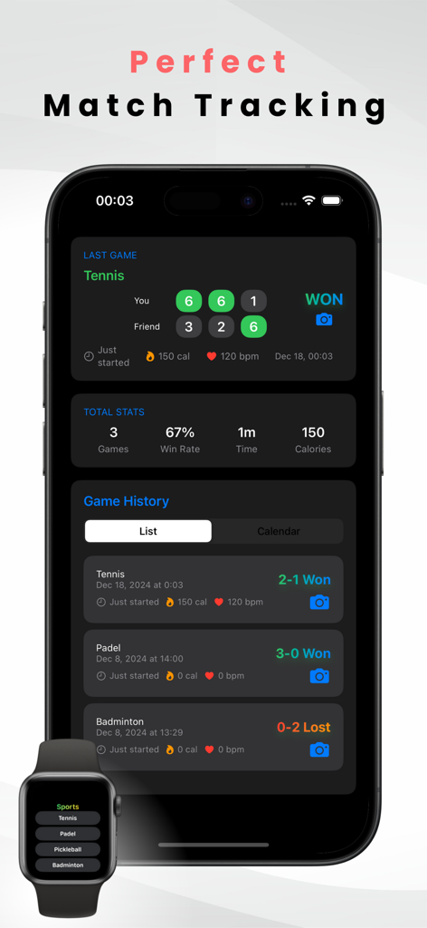 T-Score Tracker: Tennis - Interface of the T-Score Tracker app on iPhone and Apple Watch showing tennis scores, match history, and fitness stats like heart rate and calories.