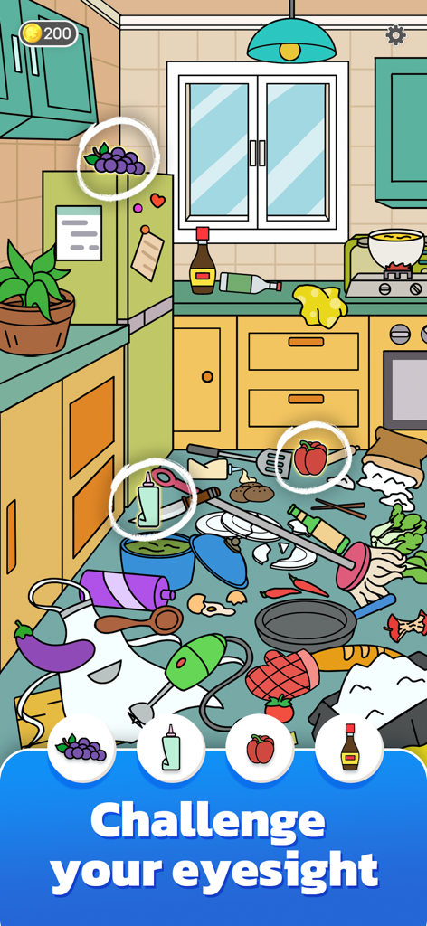 Find N Seek: Spy Hidden Object - Une scène de cuisine animée et encombrée dans le jeu Trouve-N-Cherche où les joueurs doivent trouver des objets cachés comme des raisins et des poivrons.