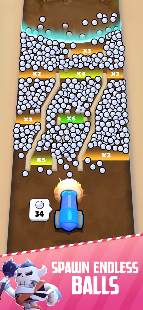 Cannon Heroes X - A cannon shooting white balls through multiplier gates in the Cannon Heroes X mobile game