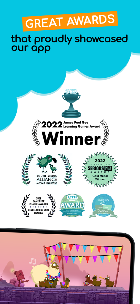 Math Makers: Kids School Games - List of prestigious awards won by the Math Makers educational app for kids featuring gameplay with llamas.