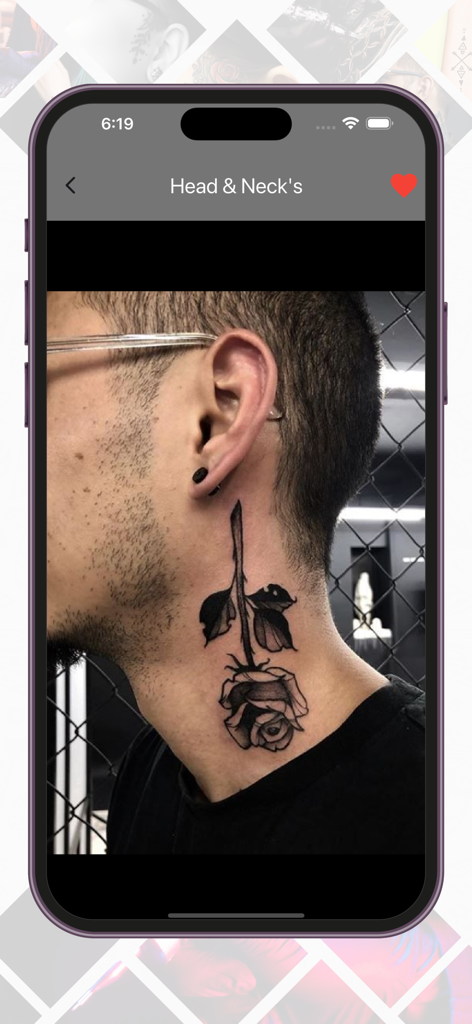 Tattoo Designs - Tattoo Maker - Smartphone exibindo um design de tatuagem de rosa em preto e branco na página da categoria pescoço.