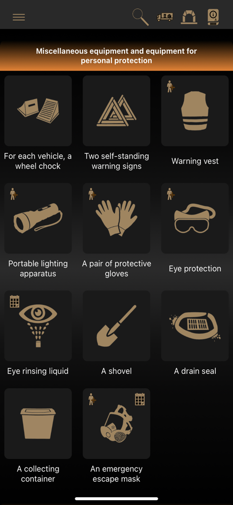 ADR Tool 2023 Dangerous Goods - Interface montrant des icônes d'équipement de protection individuelle pour les marchandises dangereuses