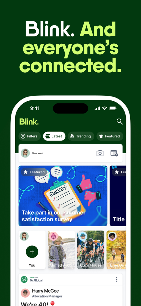 Blink - The Frontline App - Blink app interface showing a social feed for frontline workers with news updates and community posts