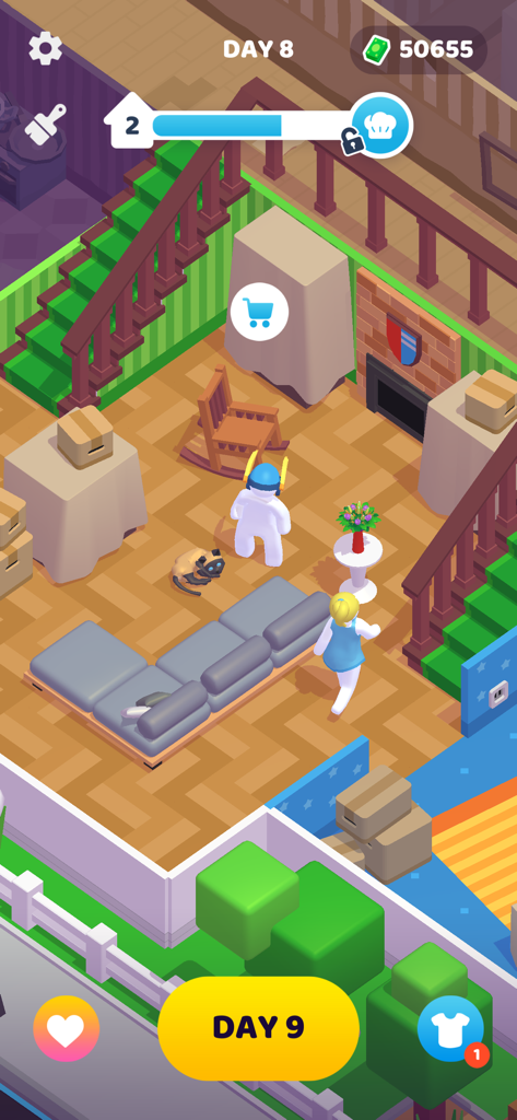 Personagens em uma sala de estar com um gato e móveis no jogo Staff! Job and Life Simulator para celular