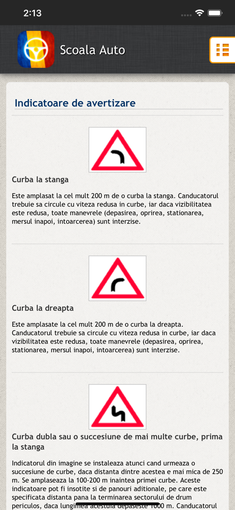 Scoala Auto, Chestionare auto - List of Romanian warning road signs with detailed descriptions in the Scoala Auto app