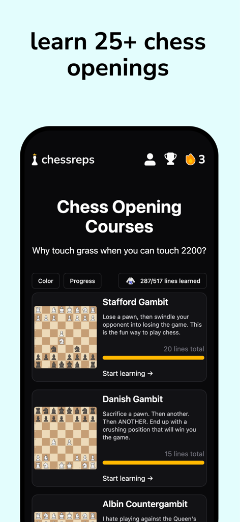 Mobile app interface of Chessreps showing a list of chess opening courses including the Stafford Gambit and Danish Gambit