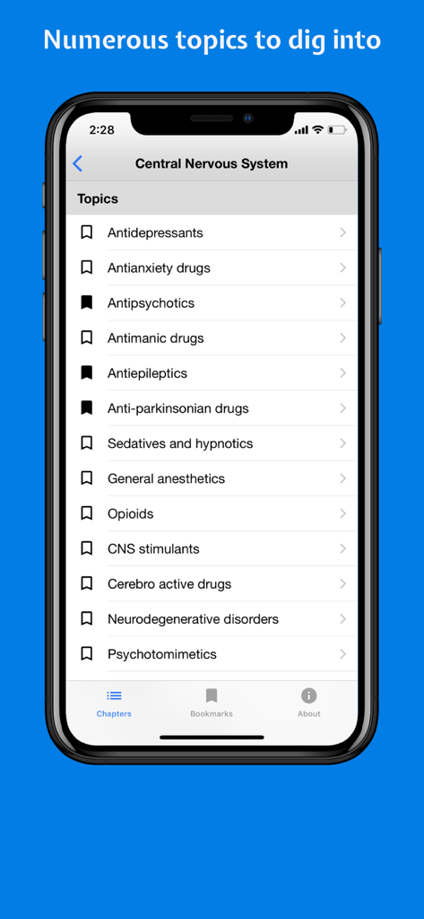 Classify Rx for pharmacology - Interface of Classify Rx app showing a list of drug classes for the Central Nervous System including antidepressants and antipsychotics.