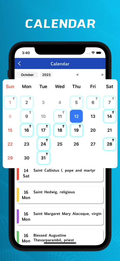 Hebrew Bible. - Hebrew Bible app screen showing a monthly festival calendar with Christian feast days and saints