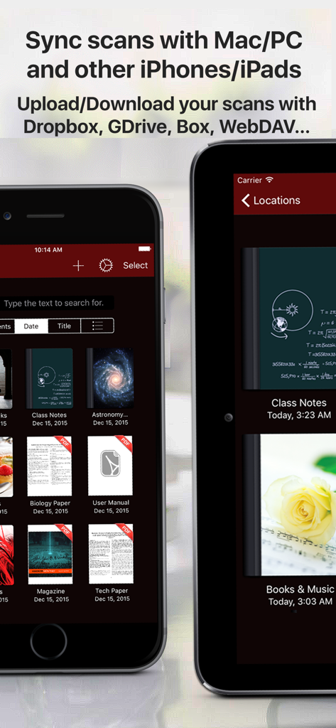 PDF PRO Files app library showing document sync and cloud storage features on mobile devices