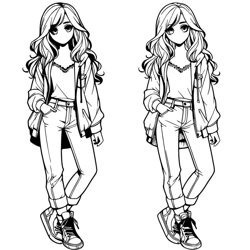 a realistic girl that has long hair, she is wearing high top sneakers, jeans, and a shirt with a jacket over it