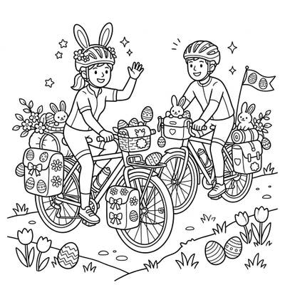 Celebrate Easter with an exciting twist! This delightful coloring page features two touring cyclists whose bikes are charmingly decorated with festive eggs, bunnies, and beautiful spring blossoms, ready for a colorful journey.