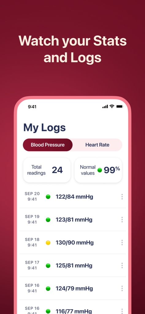 Blood Pressure App: Watch It - Una pantalla móvil que muestra una lista de registros de presión arterial y estadísticas resumidas de la frecuencia cardíaca