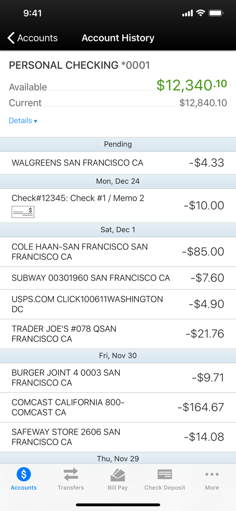 Écran d'historique de compte de l'application Neches Federal Credit Union montrant le solde du compte chèque personnel et la liste des transactions