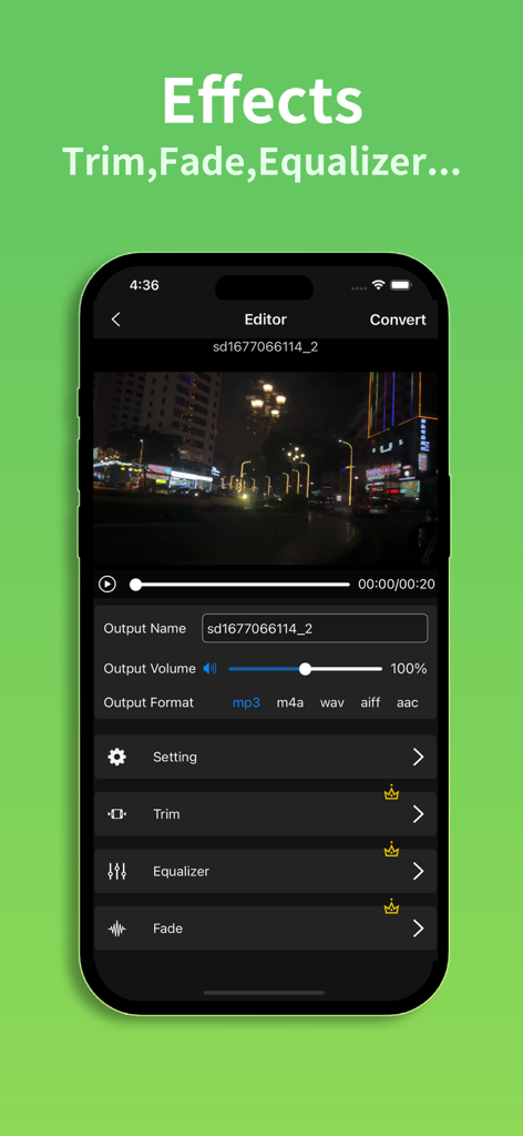 Any MP3 Converter -Extract MP3 - Any MP3 Converter app editor interface showing audio trim, equalizer, and fade effects for video to audio extraction.