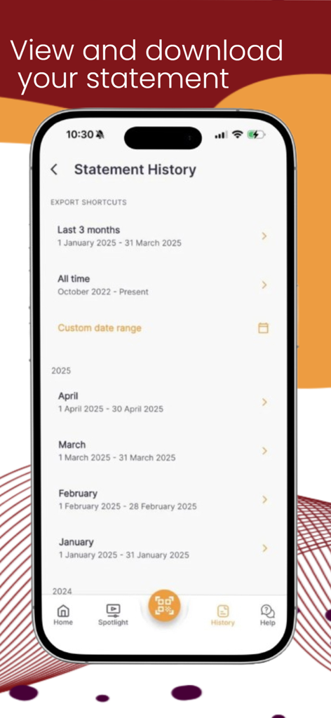 AmanaPay - Interfaz de la aplicación AmanaPay que muestra la pantalla de historial de extractos con vista mensual y opciones de exportación.