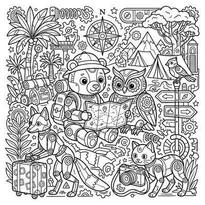 Join an adorable crew of robot animals as they set off on an exciting vacation journey, captured in this wonderfully detailed coloring page. Discover a world where gears meet wilderness, offering endless creative possibilities for colorists of all ages.