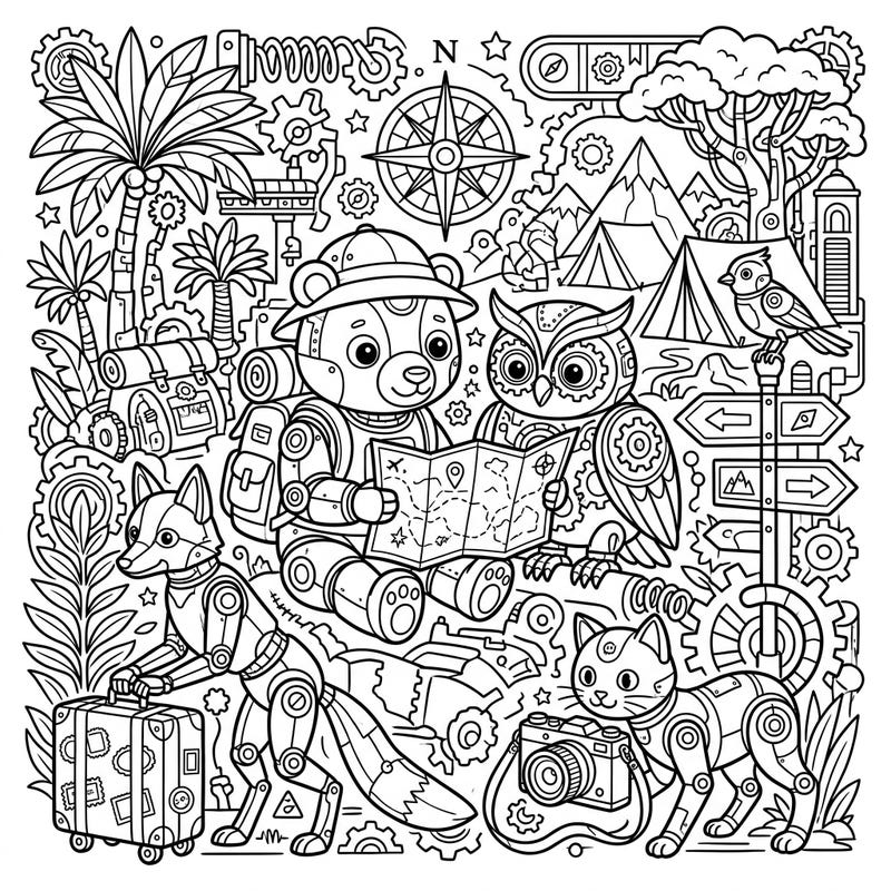 Join an adorable crew of robot animals as they set off on an exciting vacation journey, captured in this wonderfully detailed coloring page. Discover a world where gears meet wilderness, offering endless creative possibilities for colorists of all ages.
