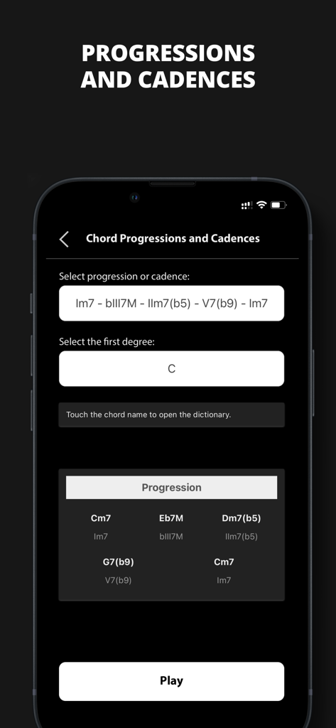 Musical Chord - Interface of the Musical Chord app for studying chord progressions and cadences