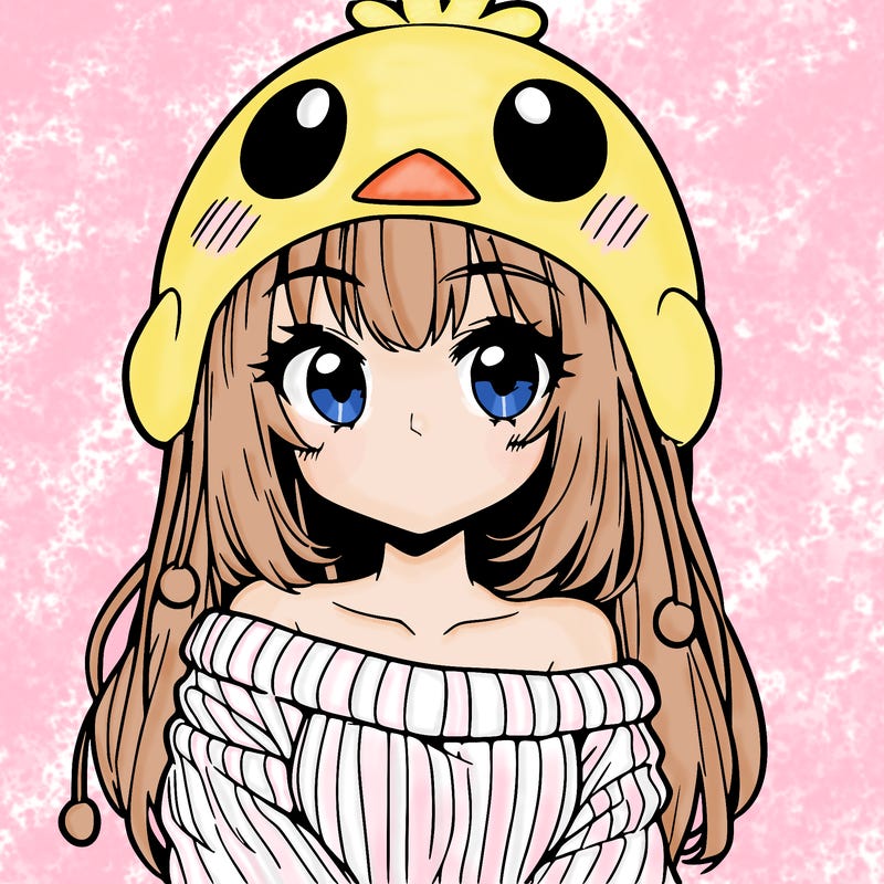 anime girl with chick shaped hat with sweater with bare shoulders with bangs covering them one eye with low tail