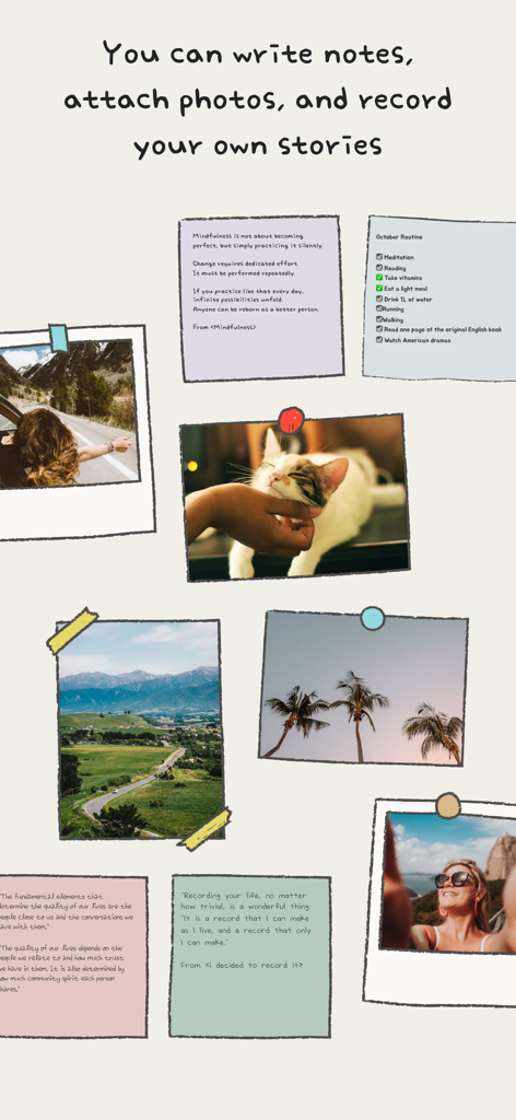 MOODA - A collage showing aesthetic handwritten notes, photos, and a daily routine checklist in the MOODA app