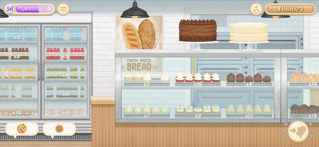 Baker Business 3 - A gameplay screenshot of Baker Business 3 showing a bakery shop with display cases filled with cupcakes, cookies, and cakes.