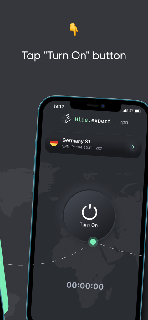 Hide Expert VPN - Hide Expert VPN mobile app interface showing a one click turn on button and a server connection in Germany