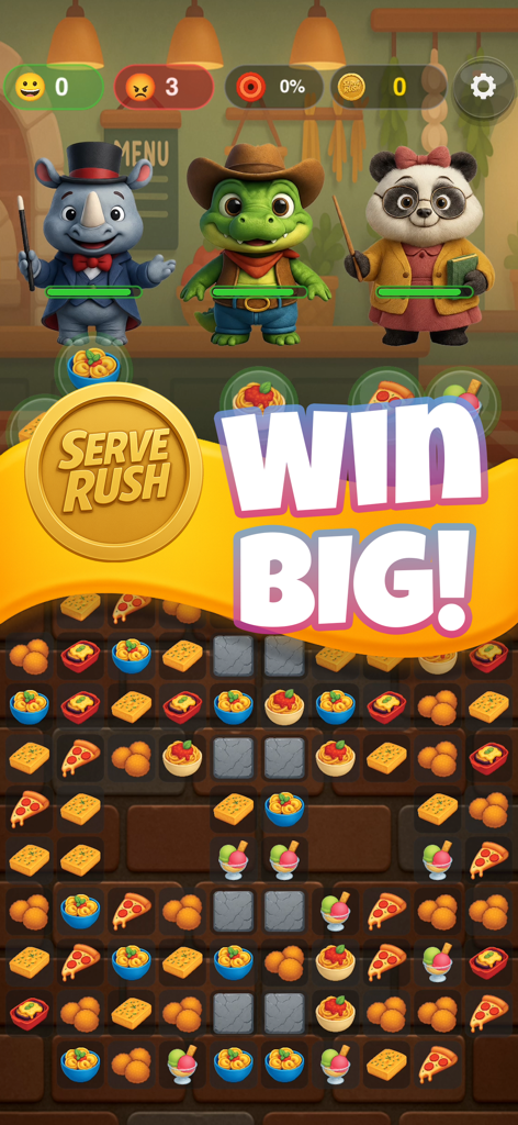Serve Rush: Match 3 Adventure - Serve Rush mobile game screen featuring cute animal characters and a match-3 puzzle with food icons