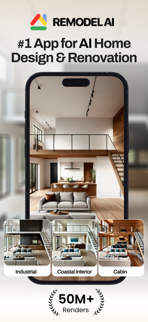 Remodel AI - Home Design - Interface de l'application Remodel AI présentant le design de maison IA et les styles de rénovation comme le coastal industriel et le chalet.