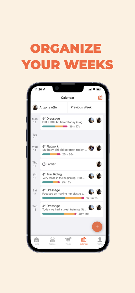 Equilab app interface showing a weekly equestrian training and care calendar with dressage and farrier sessions