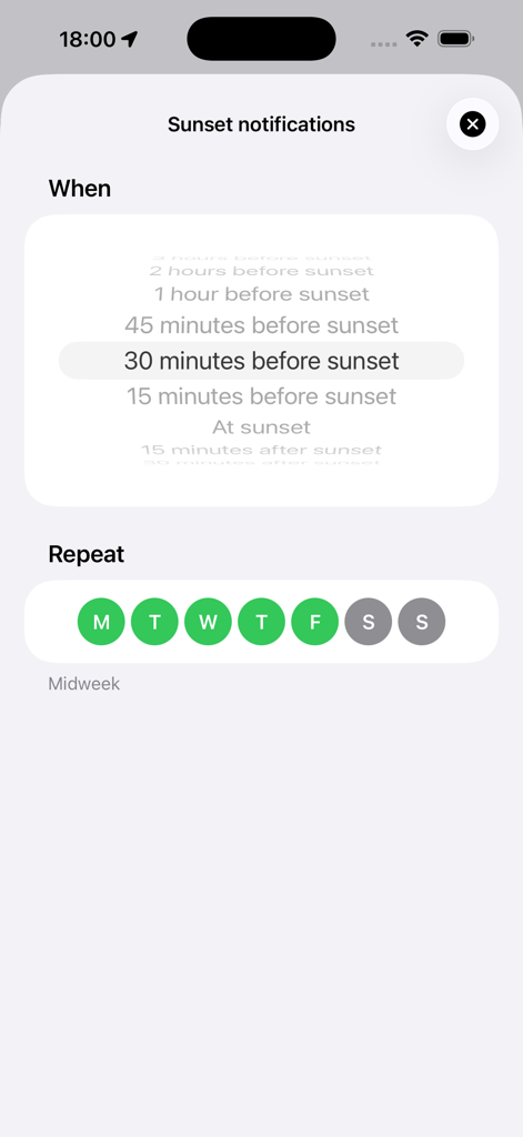 Lux - Sunrise and Sunset - Setup screen for custom sunset notifications 30 minutes before sunset in the Lux app