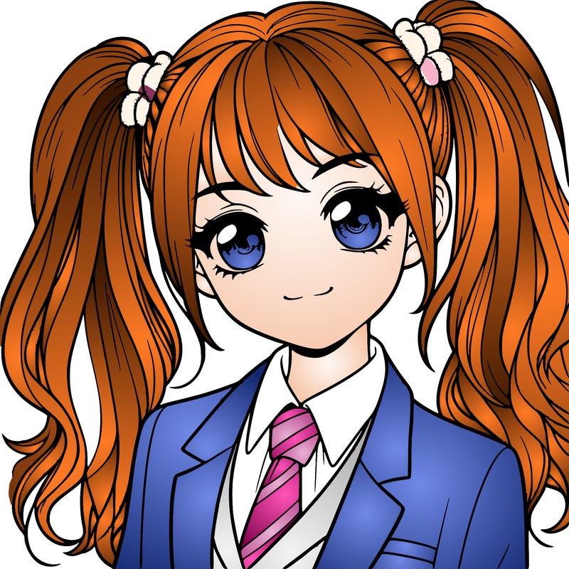 realistic girl with two ponytails and a suit on
