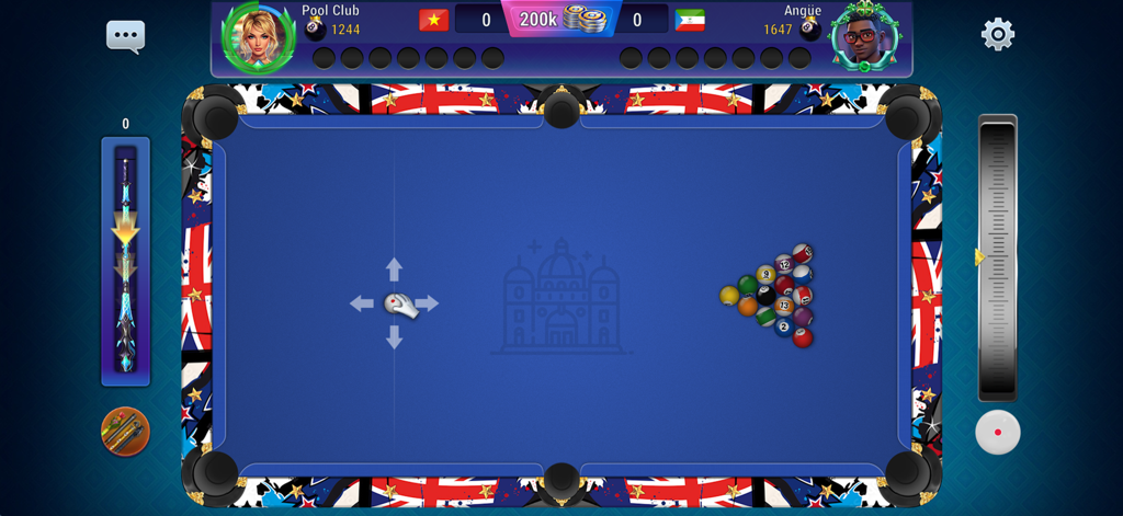 Pool Club: 8 Ball Billiards - Vista cenital de una mesa de billar azul con patrones de Union Jack durante una partida online.