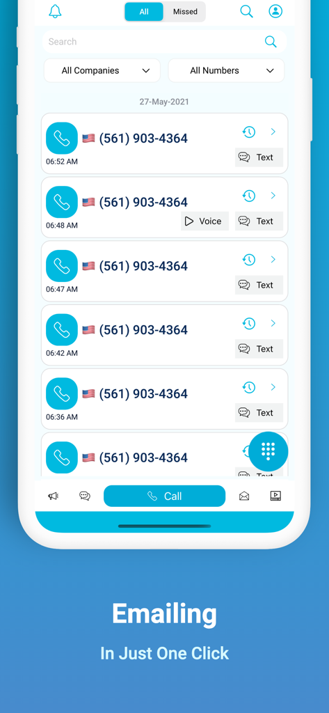 Captura de pantalla de la app Respuesta Instantánea mostrando un registro de llamadas de negocios con opciones para enviar mensajes de texto y devolver la llamada.
