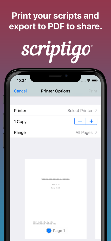 Interfaccia dell'app Scriptigo Pro che mostra le opzioni di stampa e l'anteprima dello script per la stampa o l'esportazione in PDF.