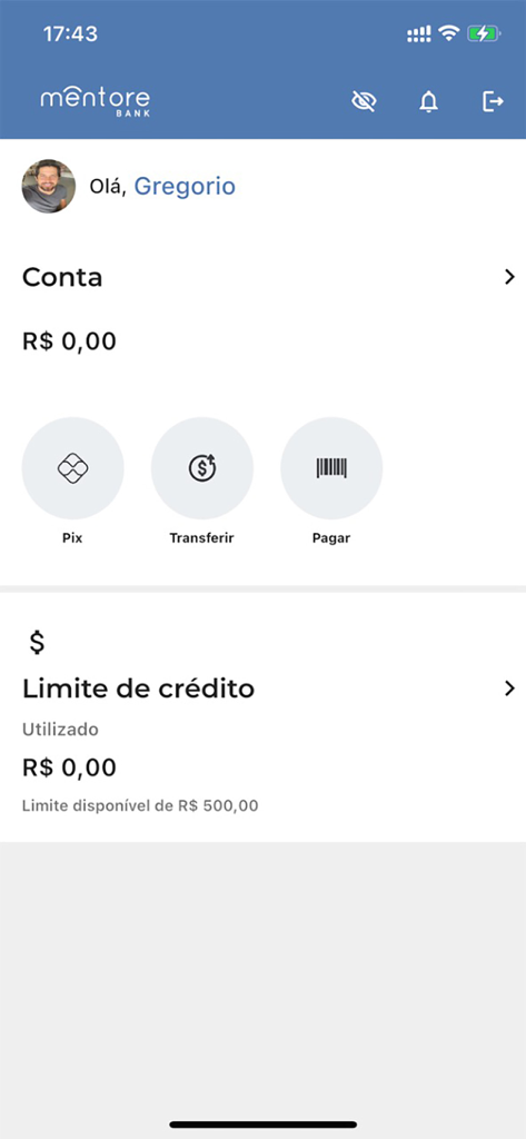 Mentore Bank - Dashboard dell'app mobile Mentore Bank che mostra saldo del conto, limite di credito e pulsanti di accesso rapido per Pix e trasferimenti