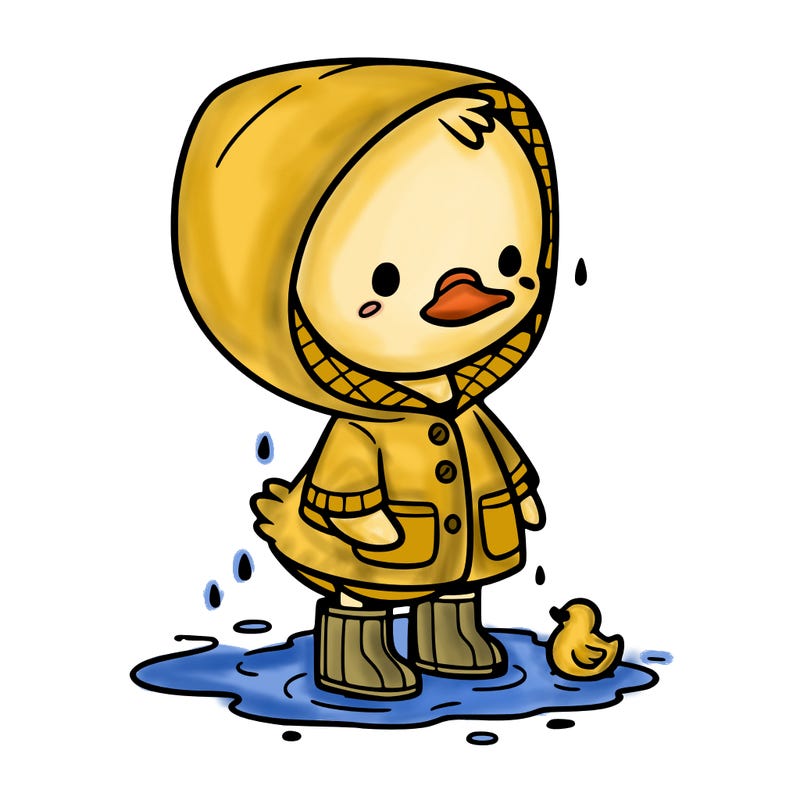 baby duck in a rain coat and boots, in a puddle while it’s raining