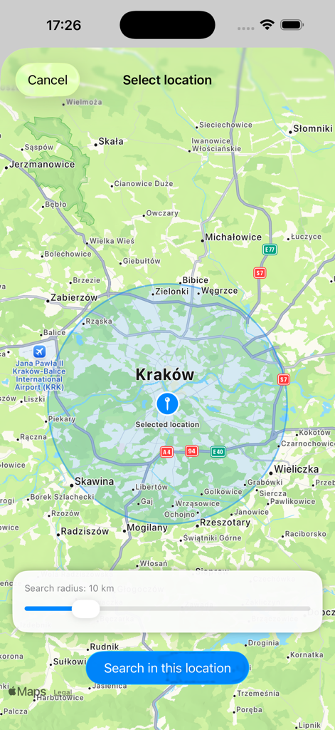 폴란드 크라쿠프 주변 10km 이내의 호텔 및 숙박 시설 검색 반경을 보여주는 모바일 앱 지도 인터페이스